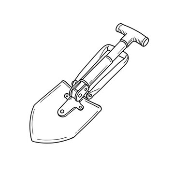 Folding military shovel illustration with t-shaped handle and metal hinge design suitable for camping gear catalogs and survival equipment technical illustrations.