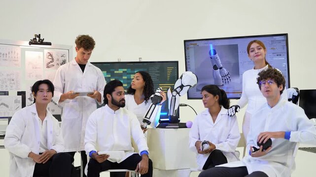 Seated team talks it over as a curly-haired engineer holds a black robotic hand and a bearded colleague gestures, auburn-haired woman leaning in behind, real time