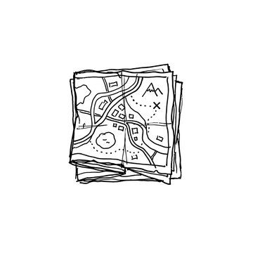 Folded treasure map sketch with mountains and winding roads depicts adventure planning and travel exploration for educational games and storytelling illustrations.