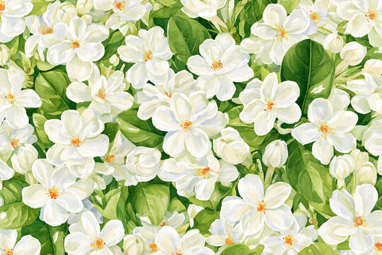 Watercolor full-frame illustration of pikake hawaiian jasmine flowers with small white fragrant pikake blooms, with fine textured detail across the composition