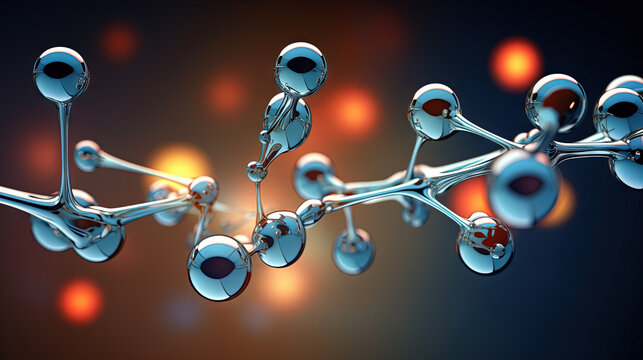 3d molecular structure of carbon atoms with glowing spheres and bonds on blue bokeh background