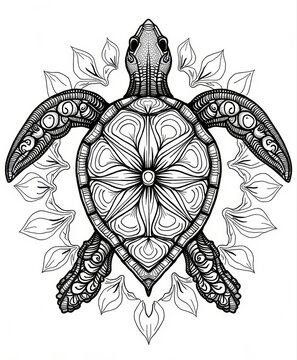 Ornamental Turtle Design with Floral Surroundings in Black and White Line Art