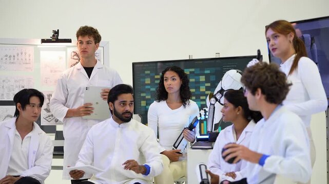Bearded engineer raises his hand mid-explanation as a curly-haired engineer turns to listen and a woman holding a bionic hand follows the discussion, physical AI