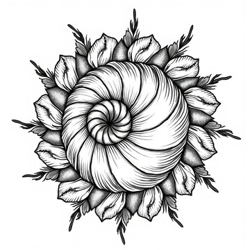 Detailed black and white illustration of a seashell surrounded by blooming flowers and leaves