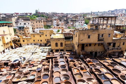 Leather coloring at  the tannery top view in Fes, Morocco