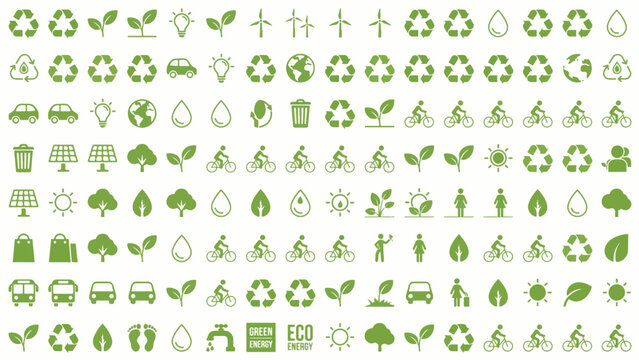 Set of green eco-friendly icons for sustainability and environmental protection