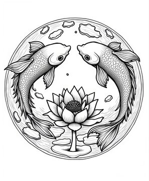 Artistic Illustration of Two Fish Swimming Around a Lotus Flower on Water