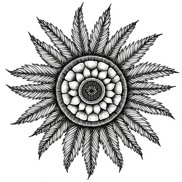 Intricate black and white mandala design with detailed leaf and floral patterns