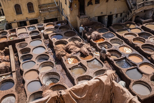 Leather coloring at  the tannery top view in Fes, Morocco