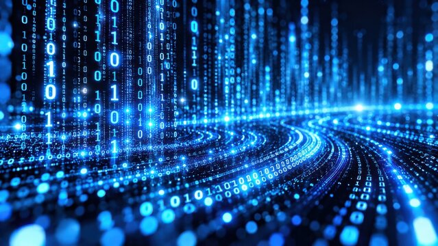 Binary code stream flowing in digital tunnel with blue lights and futuristic data visualization.