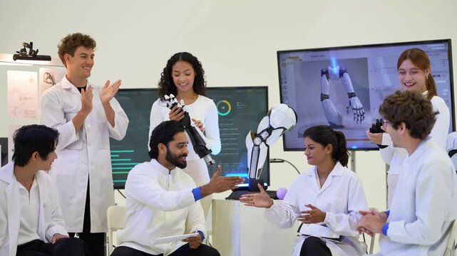 Smiling engineers celebrate a working bionic robotic hand during a relaxed team meeting in a white robotics lab, during an iterative design check, a team achievement concept