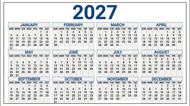 A clear and organized yearly calendar for the year 2027, featuring twelve months arranged in a grid with blue headers on a white background