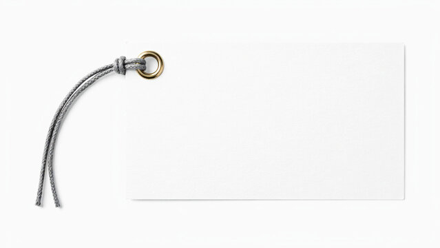 Blank brown craft paper gift tag with twine string isolated on white background, top view studio shot for price labels and packaging
