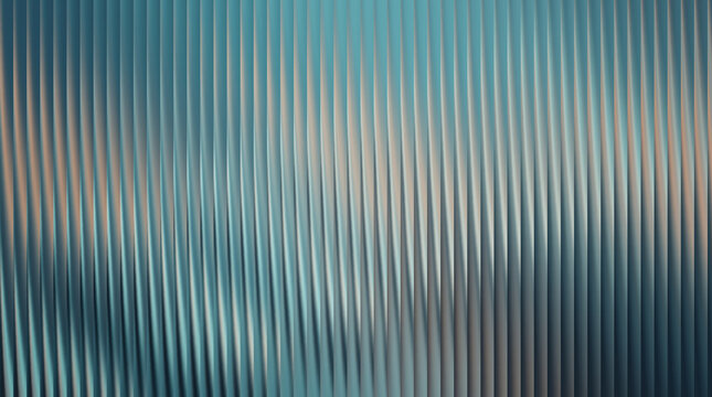 Vertical metallic blinds create abstract linear patterns with soft blue and warm lighting tones