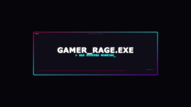 Digital error windows displaying gamer rage exe message on black background