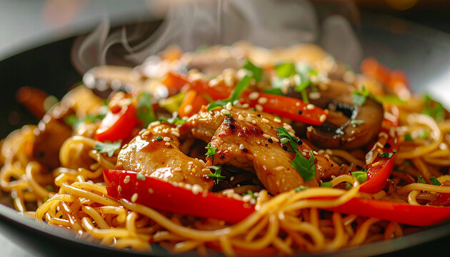 Stir-fried noodles tossed with tender chicken slices, red bell pepper, mushrooms and glossy soy sauce, sesame seeds and fresh herbs, appetizing food.