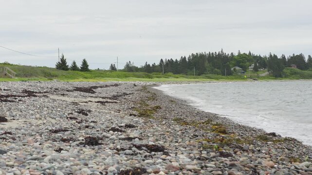 Cobble beach with gentle waves washing ashore along Englishman Bay at Roque Bluffs State Park in Washington County, Maine.