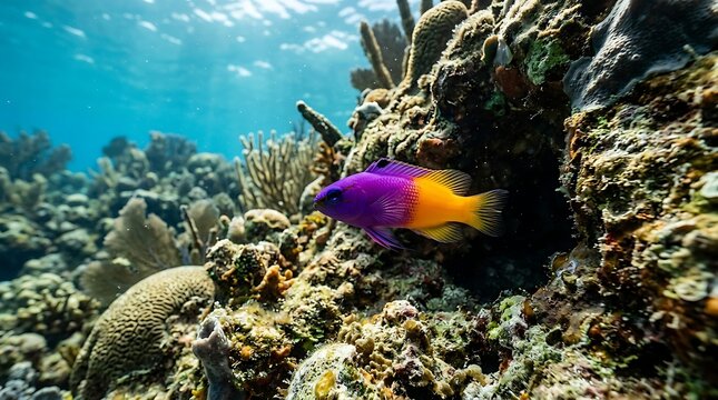 A vibrant purple and yellow bicolor dottyback fish swimming gracefully among colorful coral reefs in clear blue ocean water.