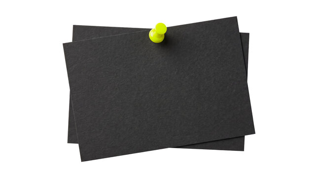 Blank Charcoal Paper Sheets Pinned with Neon Yellow Pushpin, Dark Grey Memo Note Cards Mockup on Transparent Background