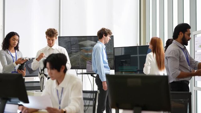 Asian engineer reviews documents at his desk while teammates test a humanoid robot hand and talk at screens in a bright office, during a practical trial, a digital transformation concept