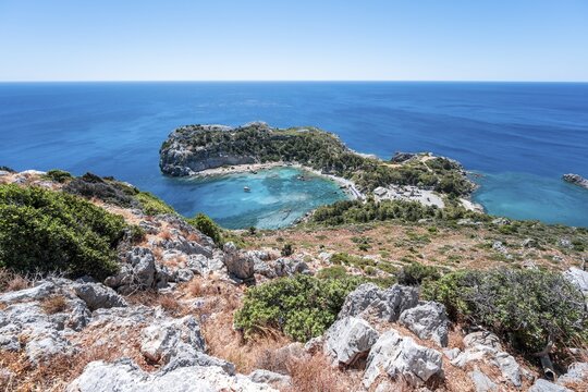 View of Anthony Quinn Bay, Faliraki, Rhodes, Dodecanese, Greece
