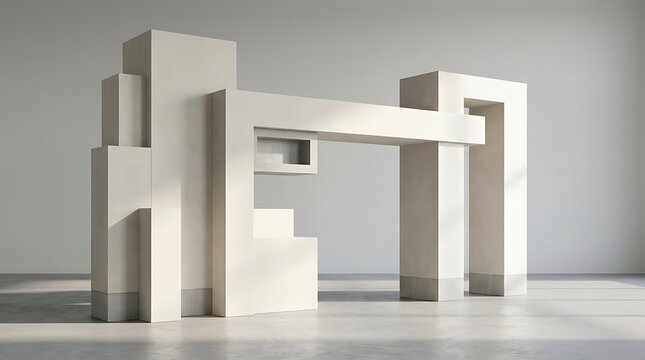 A minimalist geometric sculpture made of light-colored blocks, featuring an archway and stacked rectangular forms in a studio setting.