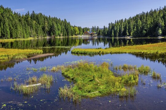 Nature reserve Gro&szlig;er Arbersee with Arberseehaus, Bayerisch-Eisenstein, Karsee, Bavarian Forest, Lower Bavaria, Bavaria, Germany