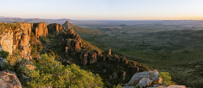 View of the Valley of Desolation at sunset, eroded rock needles from Dolorit, Camdeboo National Park, Graaff-Reinet, Eastern Cape, South Africa