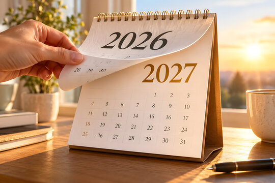 Photorealistic 2026 calendar page turning to reveal 2027, symbolizing a new year and fresh start in warm morning light on an elegant desk.
