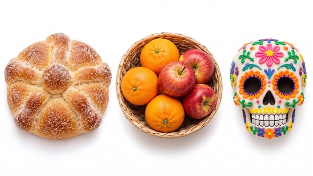 Pan de muerto, fruit and sugar skull for Day of the Dead