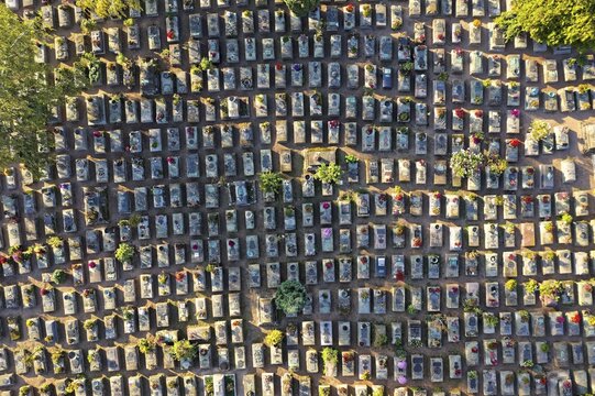 Drone shot, St. Johannis cemetery or rose cemetery with historical gravestones, Nuremberg, Middle Franconia, Franconia, Bavaria, Germany