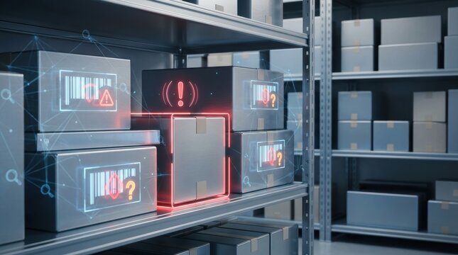 warehouse inventory exception detection Warehouse with digital alerts highlighting packages needing attention on shelves