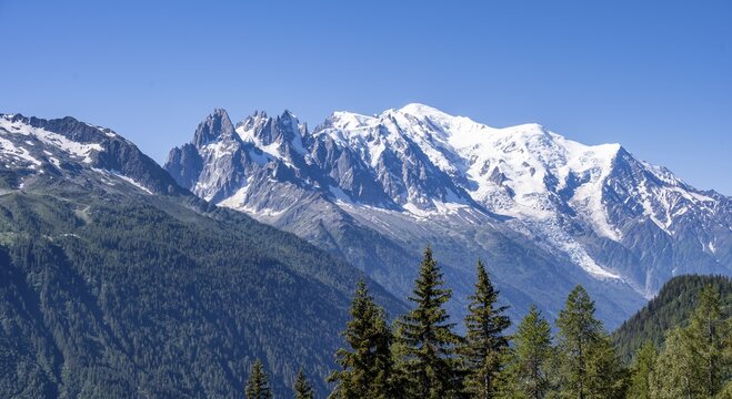 Aiguille du Midi and Mont Blanc with glacier Glacier des Bossons, Chamonix, Haute-Savoie, France