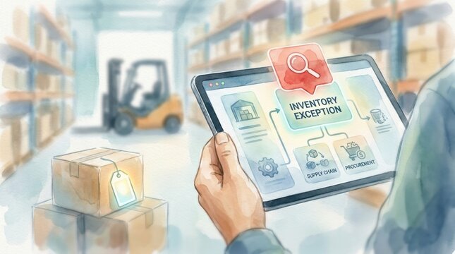 warehouse inventory exception detection Warehouse worker using digital tablet for inventory exception management.