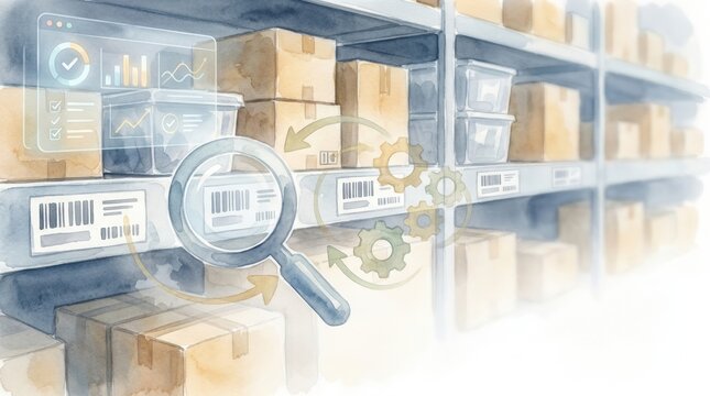 warehouse inventory exception detection Warehouse shelves with boxes and digital inventory management icons overlay
