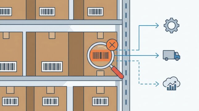 warehouse inventory exception detection Warehouse shelves with boxes and barcode scanning concept illustration