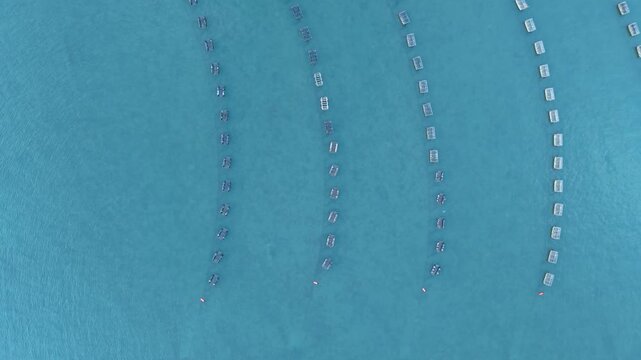 Aquaculture oyster farm top-down aerial view showing floating cages arranged in curved rows in clear turquoise water off Freeport, Maine.