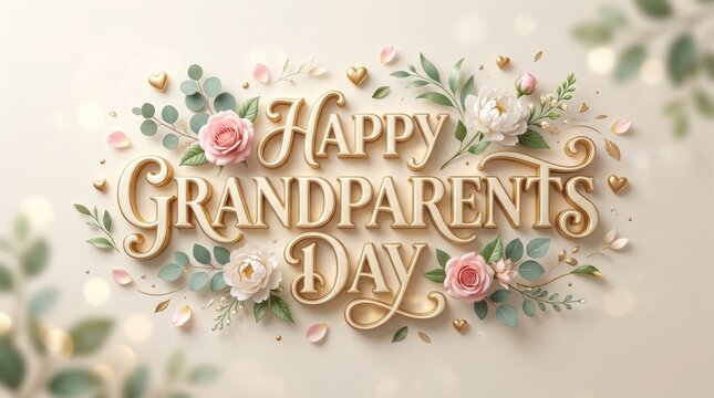 Elegant happy grandparents day greeting card design with beautiful floral decorations and stylish golden typography on a soft background
