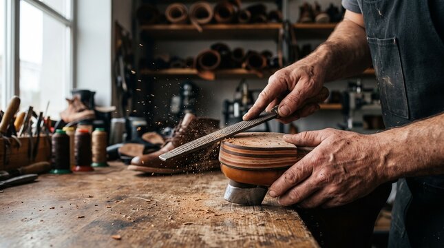Shoemaker filing leather shoe sole with tool in artisan workshop