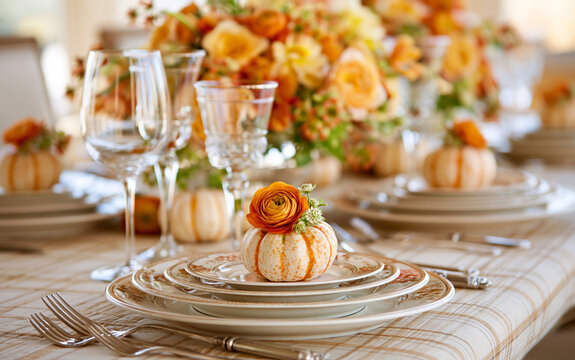 Festive colorful Thanksgiving table setting with mini pumpkins and corn in deep focus