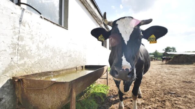 Holstein cow looking at camera near water trough on a rural dairy farm