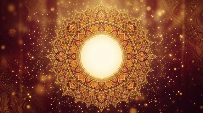 Abstract background featuring a glowing golden mandala pattern with floating particles and soft bokeh lights for luxury design projects