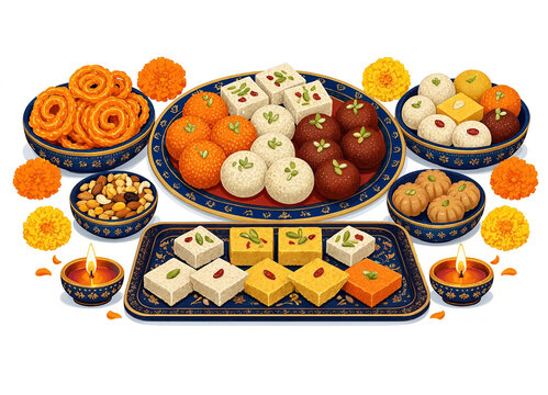 Diwali Festival Sweets with Traditional Indian Desserts and Diyas