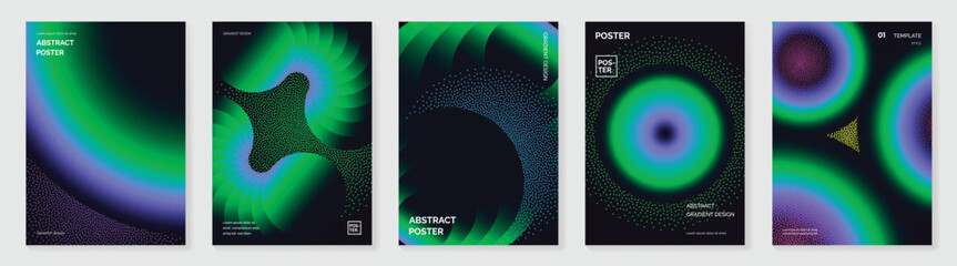 Obraz premium Abstract gradient vector poster collection with neon green blue circular waves and futuristic glowing geometric forms