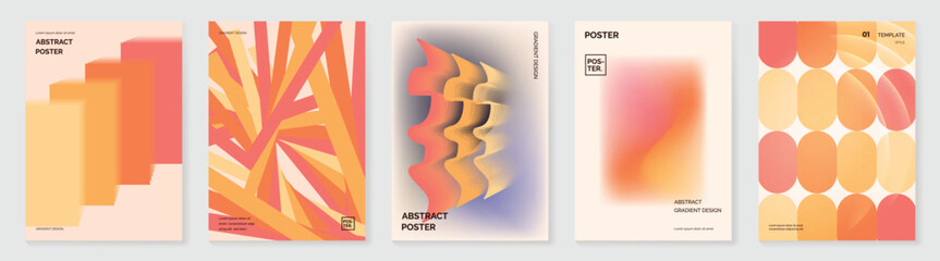 Naklejka na ściany i meble Abstract gradient vector poster collection with warm orange coral shapes and soft modern geometric compositions