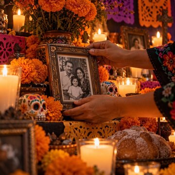 Hands placing family photo on Mexican Day of the Dead altar