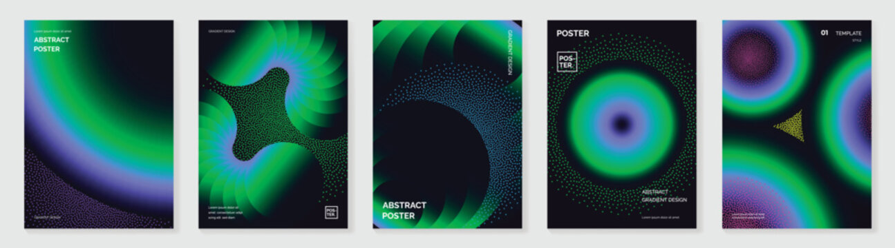 Abstract gradient vector poster collection with neon green blue circular waves and futuristic glowing geometric forms