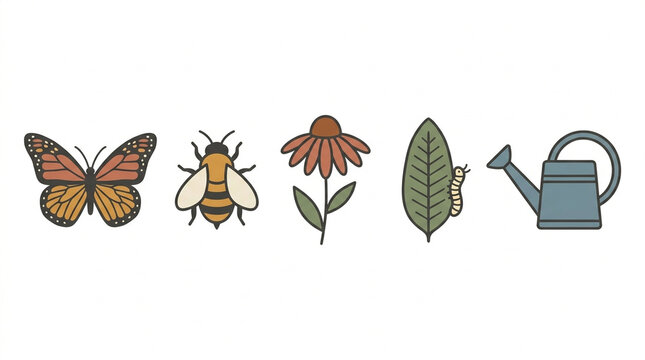 Flat vector biodiversity icon set featuring monarch butterfly, honeybee, echinacea wildflower, leaf with caterpillar, and gardening watering can isolated on a clean white background