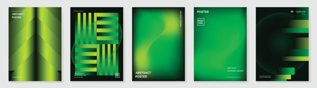 Abstract gradient vector poster collection with vivid green geometric shapes and dark futuristic modern backgrounds