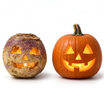 Halloween jack o lanterns carved from turnip and pumpkin